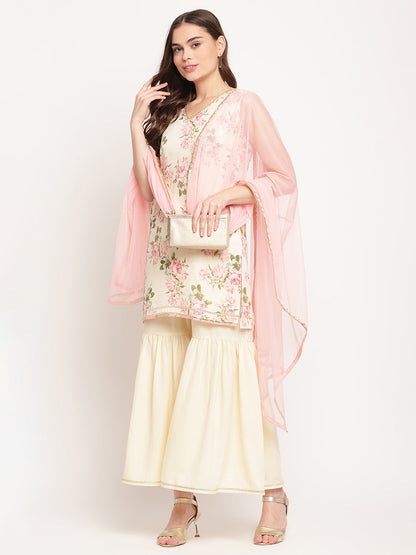Women's Beige Crepe Digital Floral Print Kurta Sharara Set With Dupatta