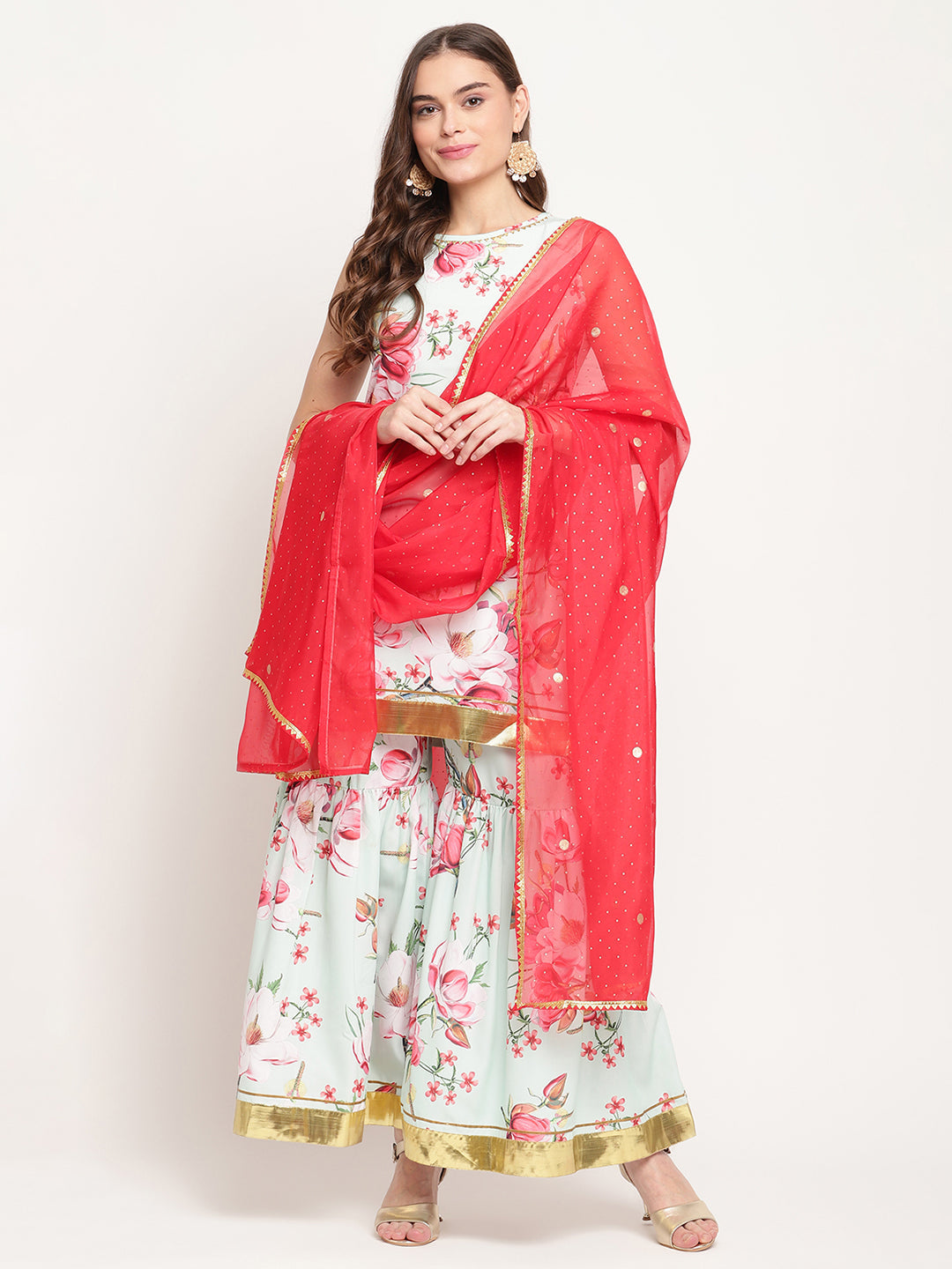 Women's Mint Green Crepe Digital Floral Print Kurta Sharara Set With Dupatta