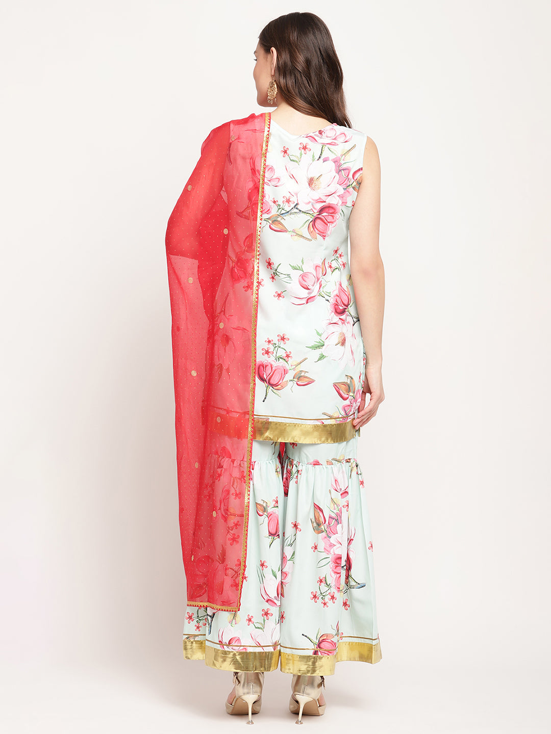 Women's Mint Green Crepe Digital Floral Print Kurta Sharara Set With Dupatta