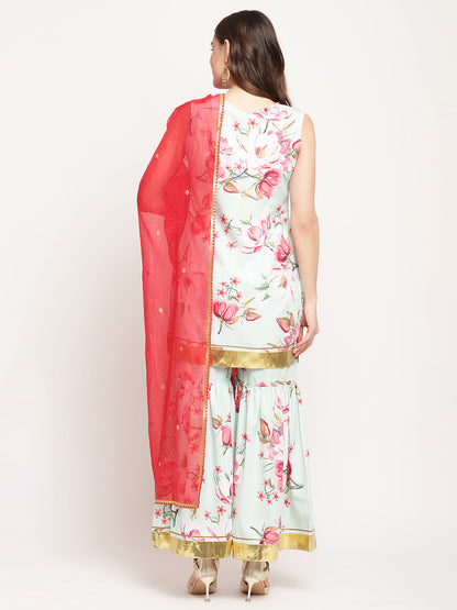 Women's Mint Green Crepe Digital Floral Print Kurta Sharara Set With Dupatta