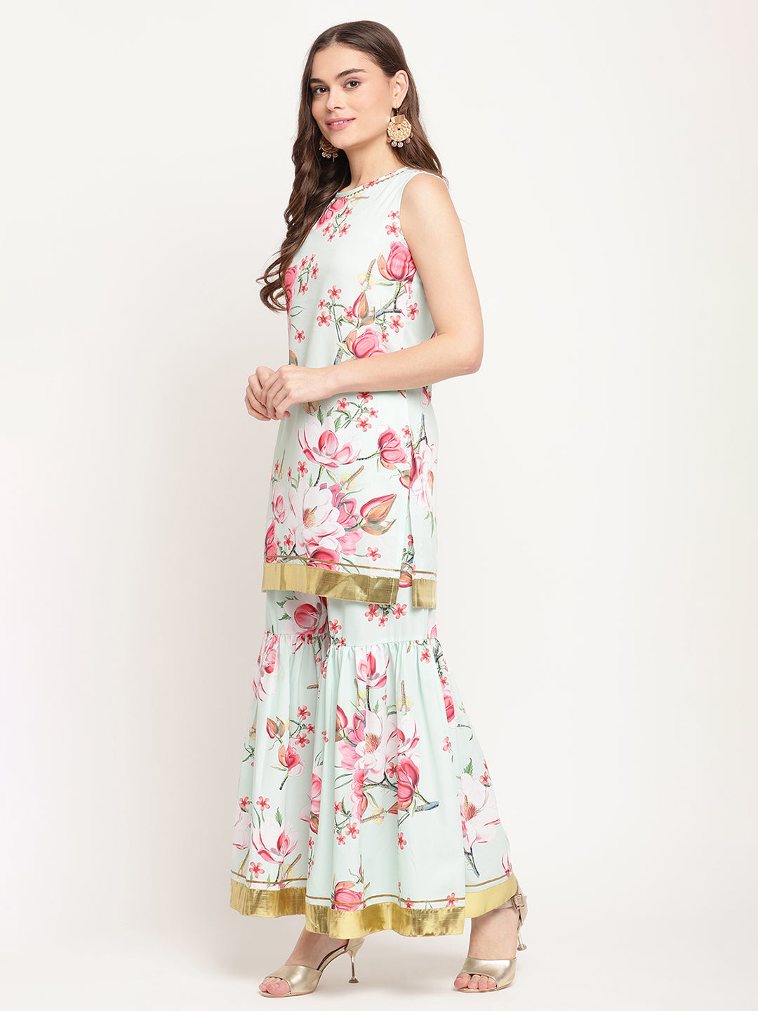 Women's Mint Green Crepe Digital Floral Print Kurta Sharara Set With Dupatta