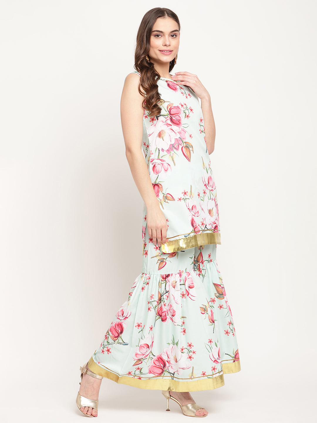 Women's Mint Green Crepe Digital Floral Print Kurta Sharara Set With Dupatta