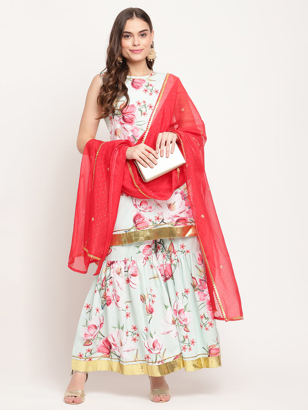 Women's Mint Green Crepe Digital Floral Print Kurta Sharara Set With Dupatta