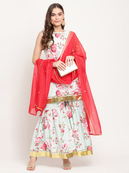 Women's Mint Green Crepe Digital Floral Print Kurta Sharara Set With Dupatta