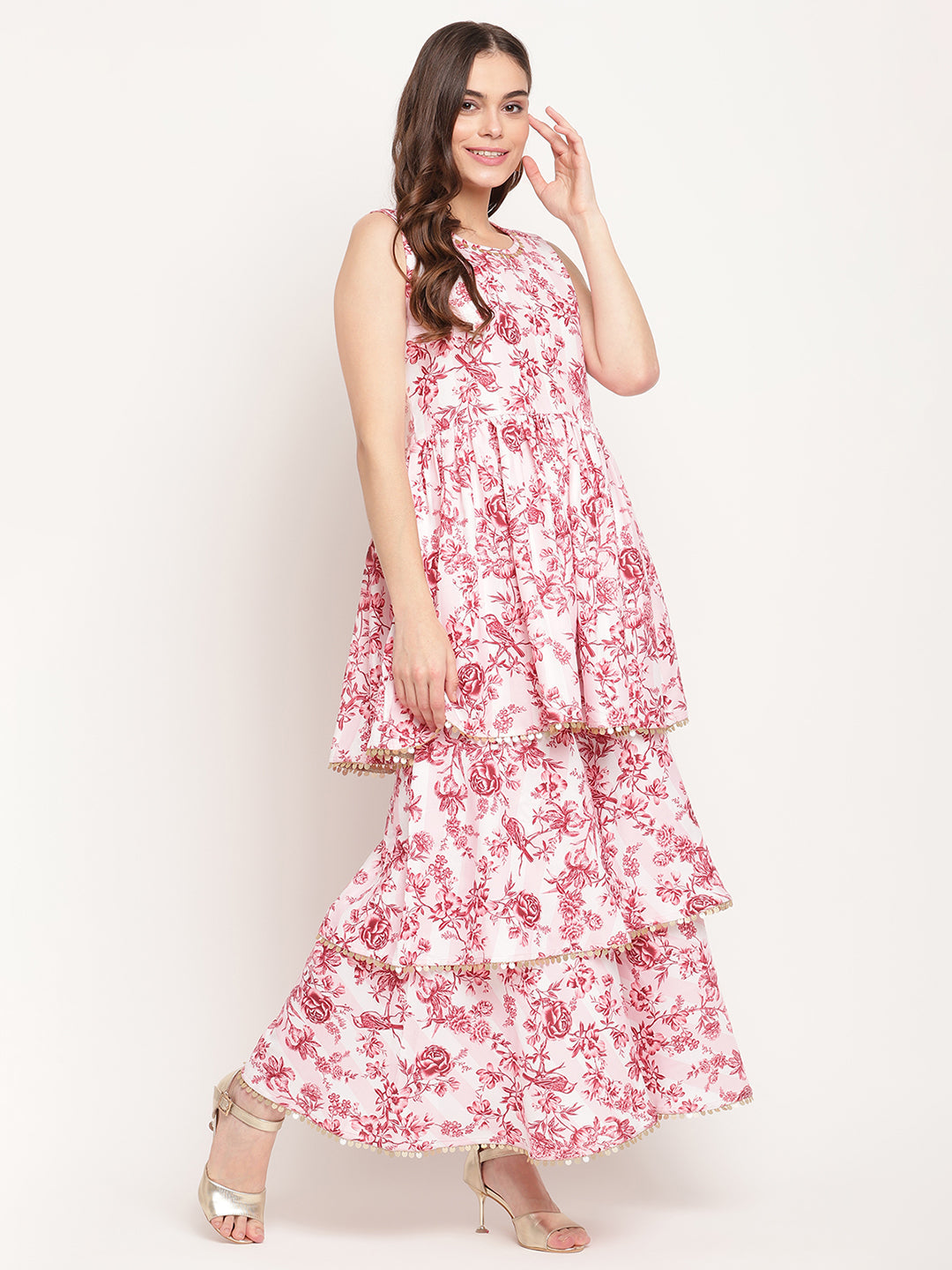 Women's Pink Rayon Digital Floral Print Kurta Sharara Set With Dupatta