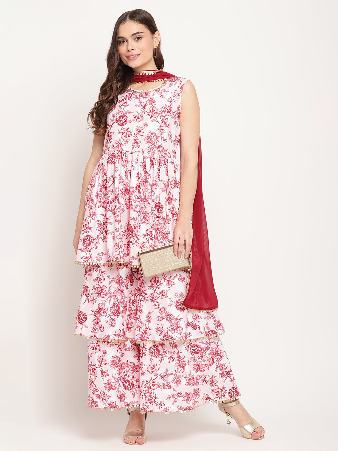 Women's Pink Rayon Digital Floral Print Kurta Sharara Set With Dupatta
