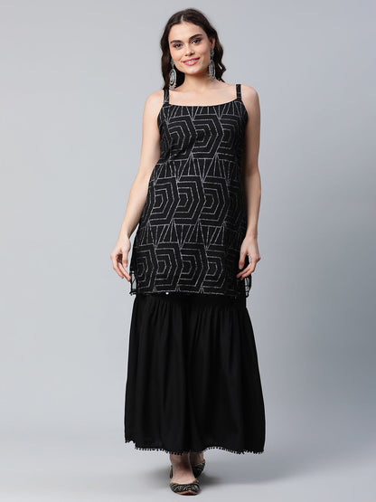 Women's Black Net Glitter Print Short Kurti With Sharara Dupatta Set