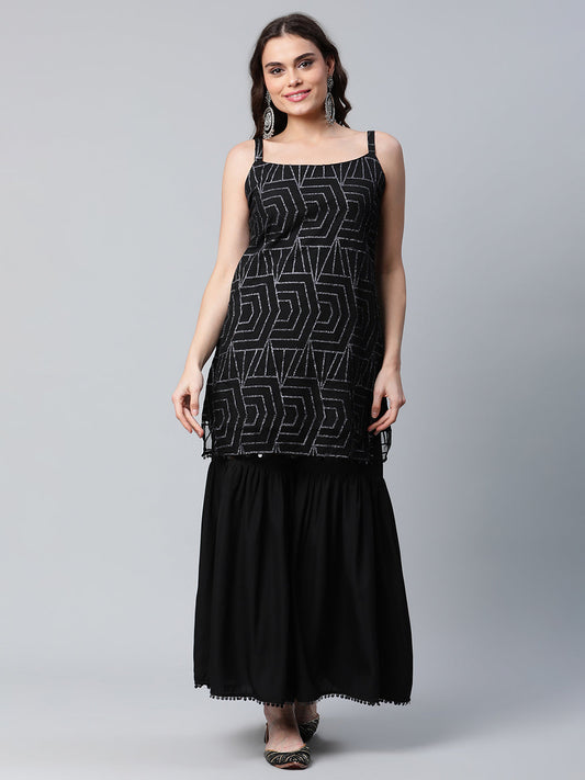 Women's Black Net Glitter Print Short Kurti With Sharara Dupatta Set