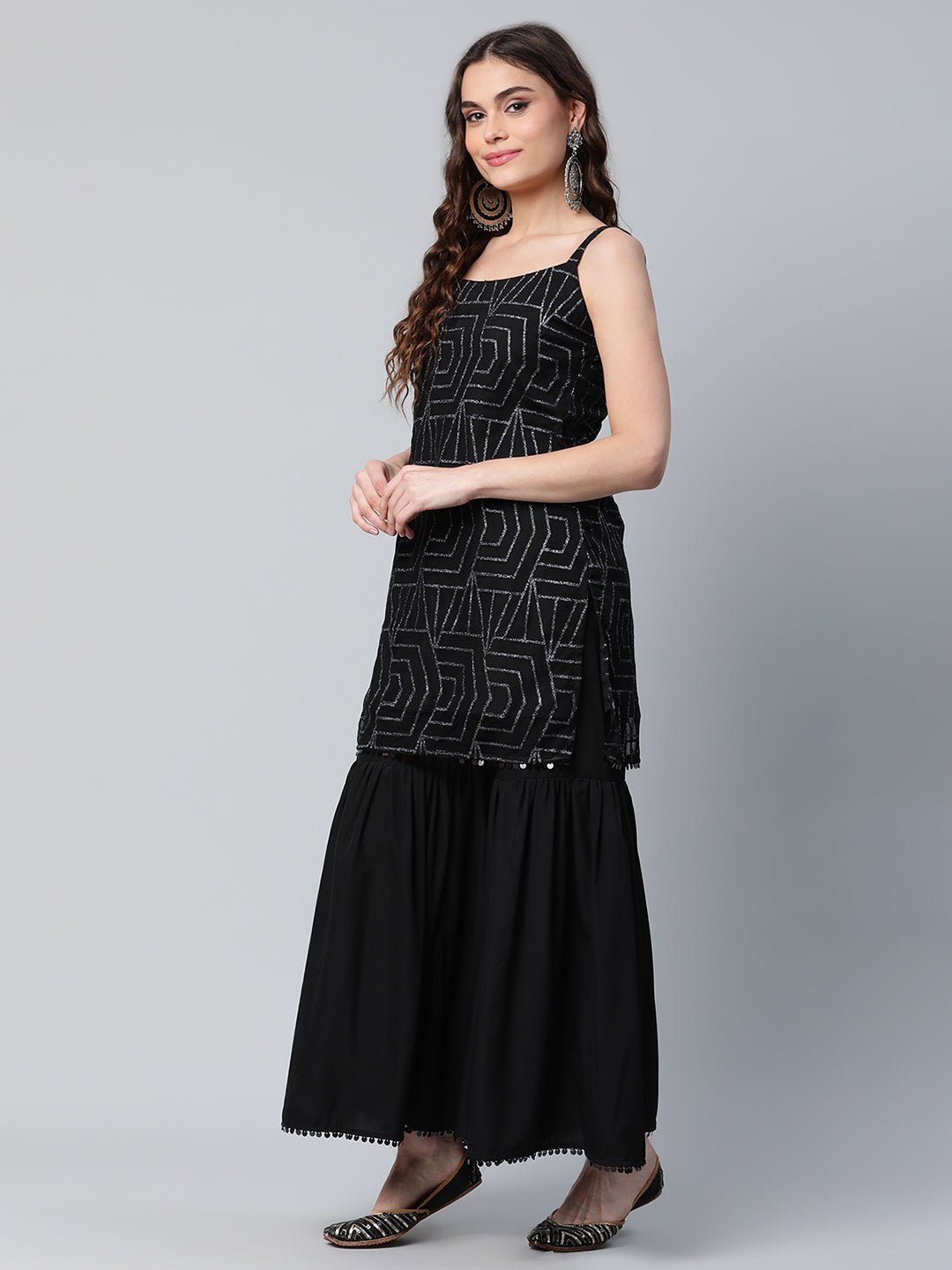 Women's Black Net Glitter Print Short Kurti With Sharara Dupatta Set