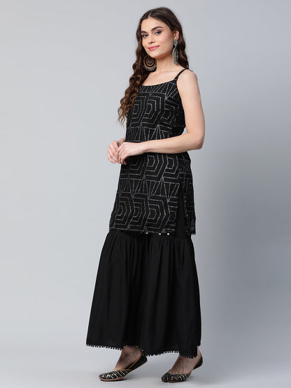 Women's Black Net Glitter Print Short Kurti With Sharara Dupatta Set