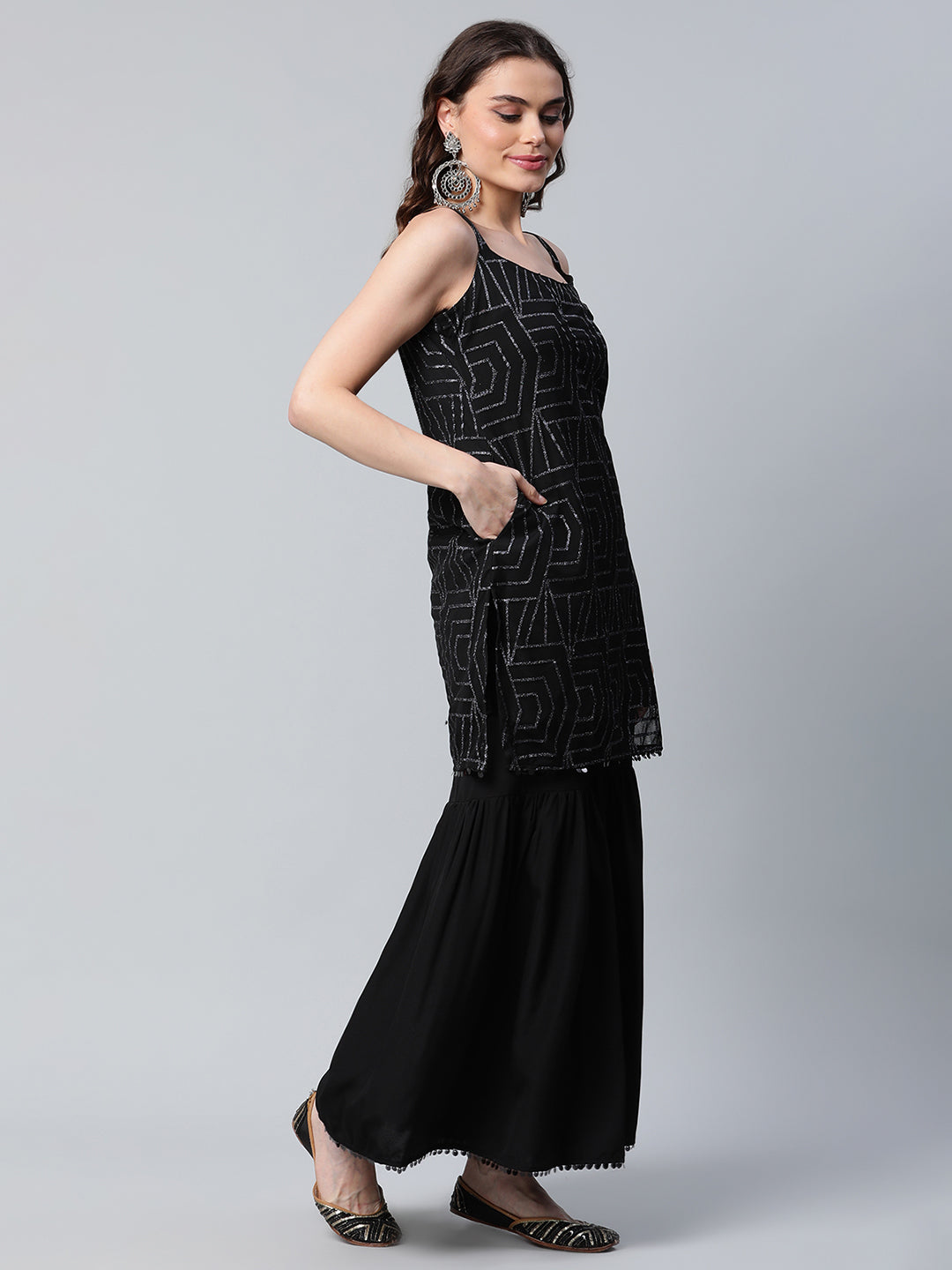 Women's Black Net Glitter Print Short Kurti With Sharara Dupatta Set
