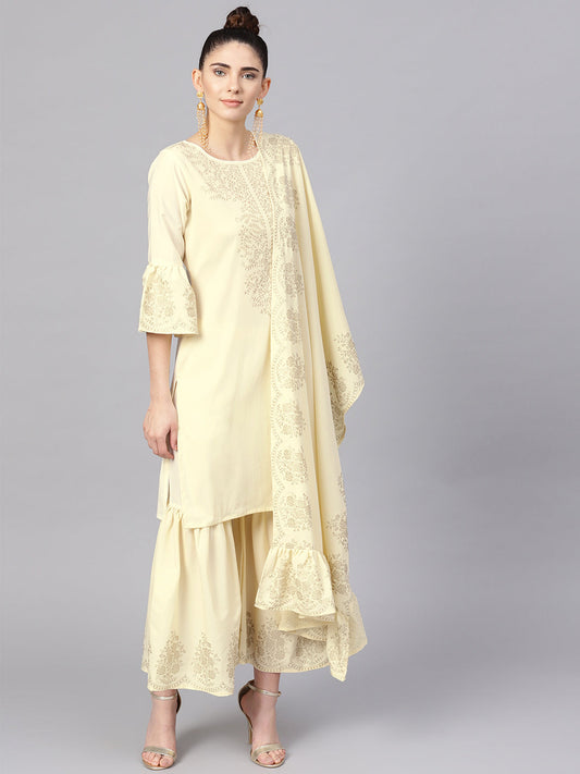 Women's S Cream Straight Kurta Sets