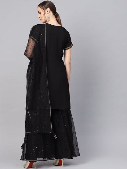 Women's  Solid Black Kurta With Sharara Set