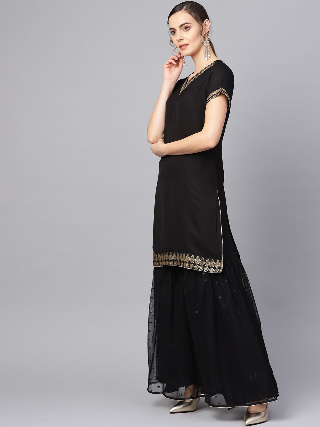 Women's  Solid Black Kurta With Sharara Set
