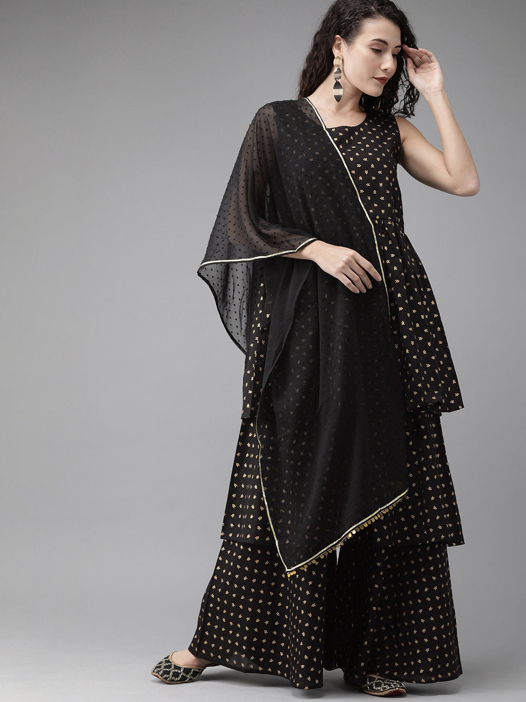 Women's  Black Cotton Gold Print Kurta Sharara Set With Dupatt