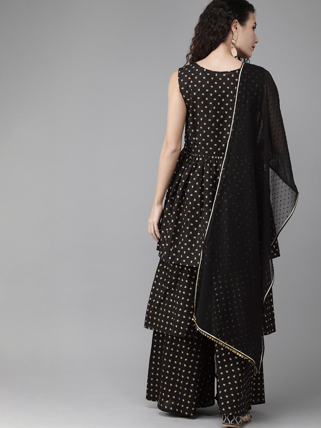 Women's  Black Cotton Gold Print Kurta Sharara Set With Dupatt