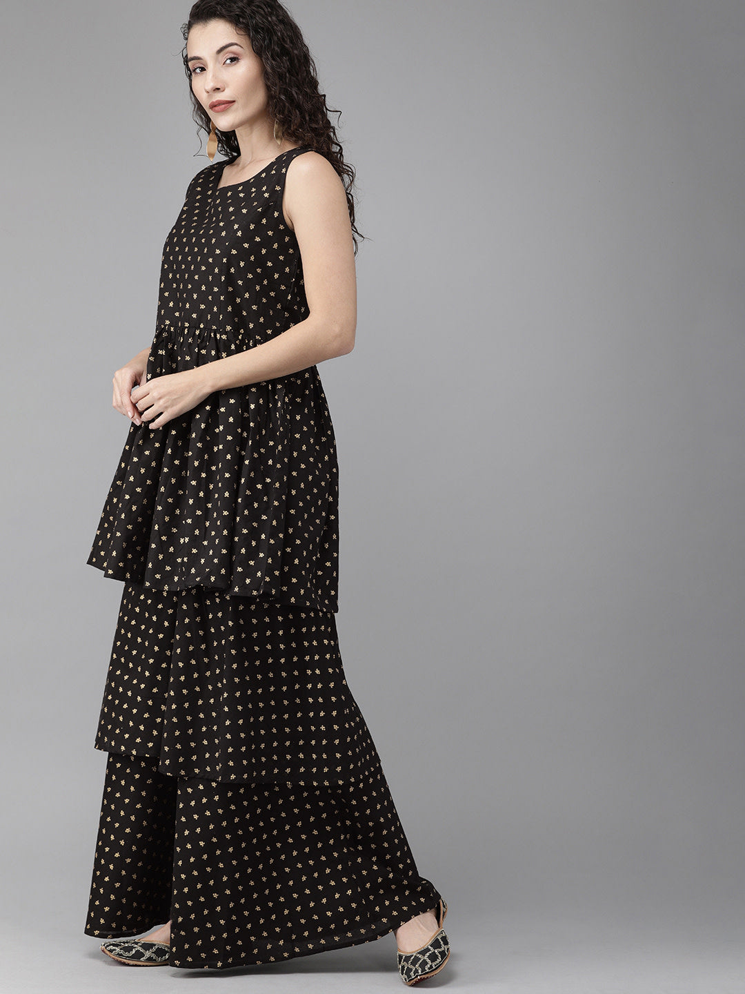 Women's  Black Cotton Gold Print Kurta Sharara Set With Dupatt