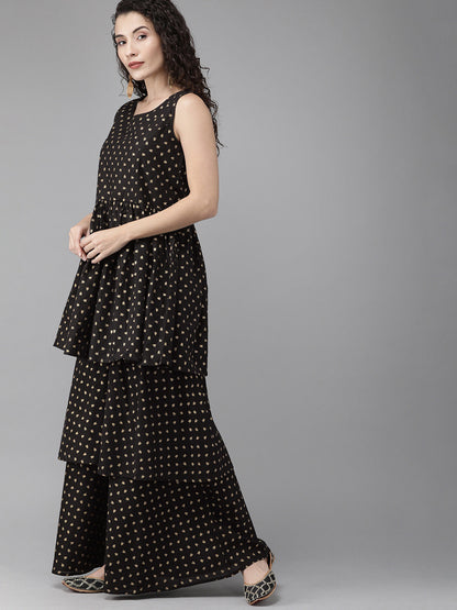 Women's  Black Cotton Gold Print Kurta Sharara Set With Dupatt