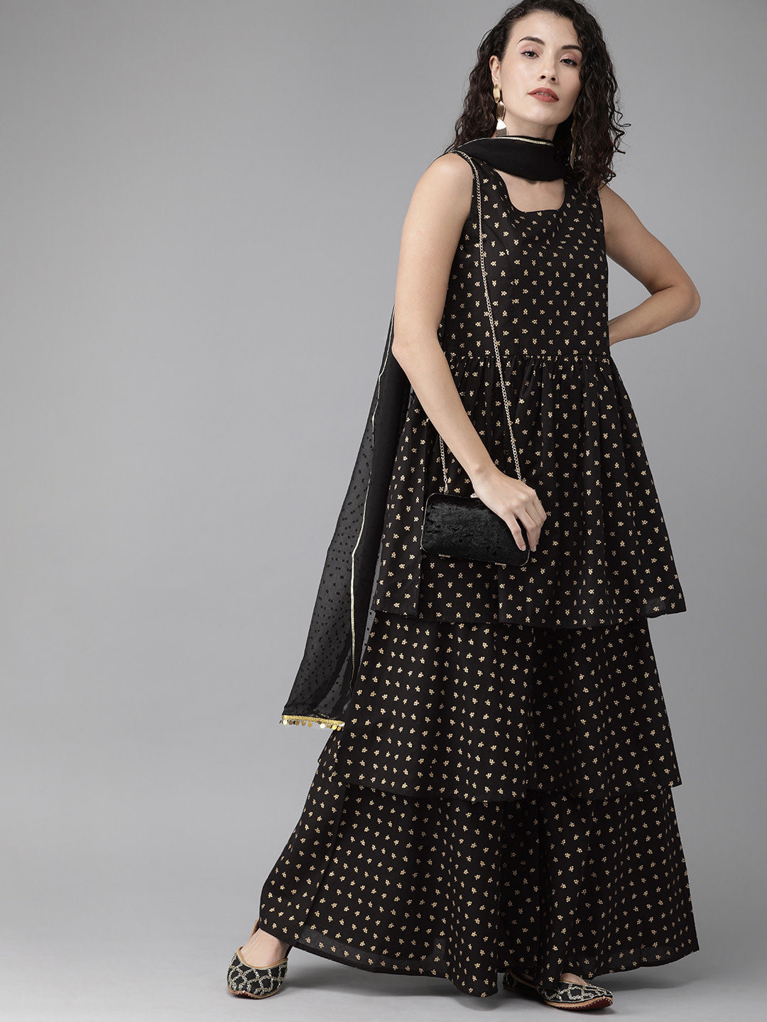 Women's  Black Cotton Gold Print Kurta Sharara Set With Dupatt