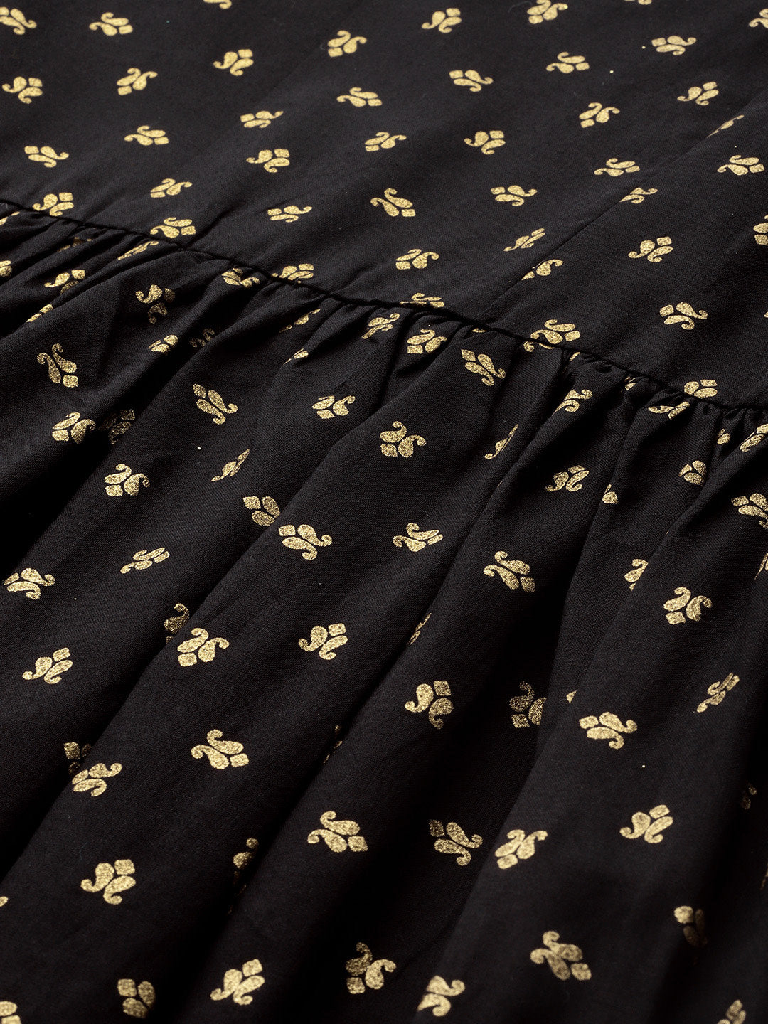 Women's  Black Cotton Gold Print Kurta Sharara Set With Dupatt