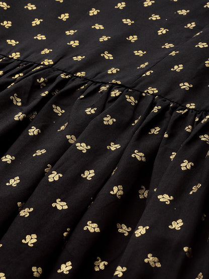 Women's  Black Cotton Gold Print Kurta Sharara Set With Dupatt
