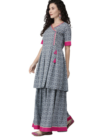 Women's  Printed Blue Kurta Set