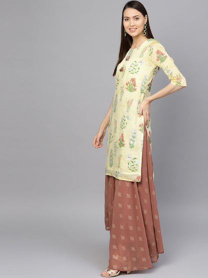 Women's  Yellow Printed Kurta With Flared Skirt