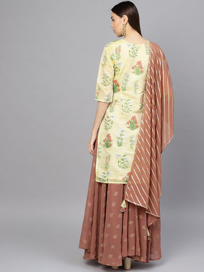 Women's  Yellow Printed Kurta With Flared Skirt