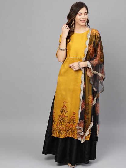 Women's Mustard Poly Silk Printed Kurta Skirt Set With Dupatt