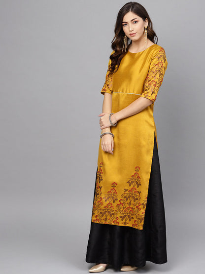 Women's Mustard Poly Silk Printed Kurta Skirt Set With Dupatt