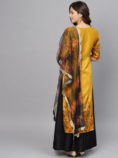 Women's Mustard Poly Silk Printed Kurta Skirt Set With Dupatt