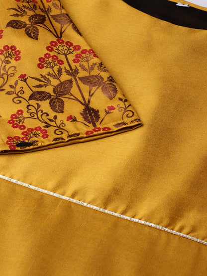 Women's Mustard Poly Silk Printed Kurta Skirt Set With Dupatt