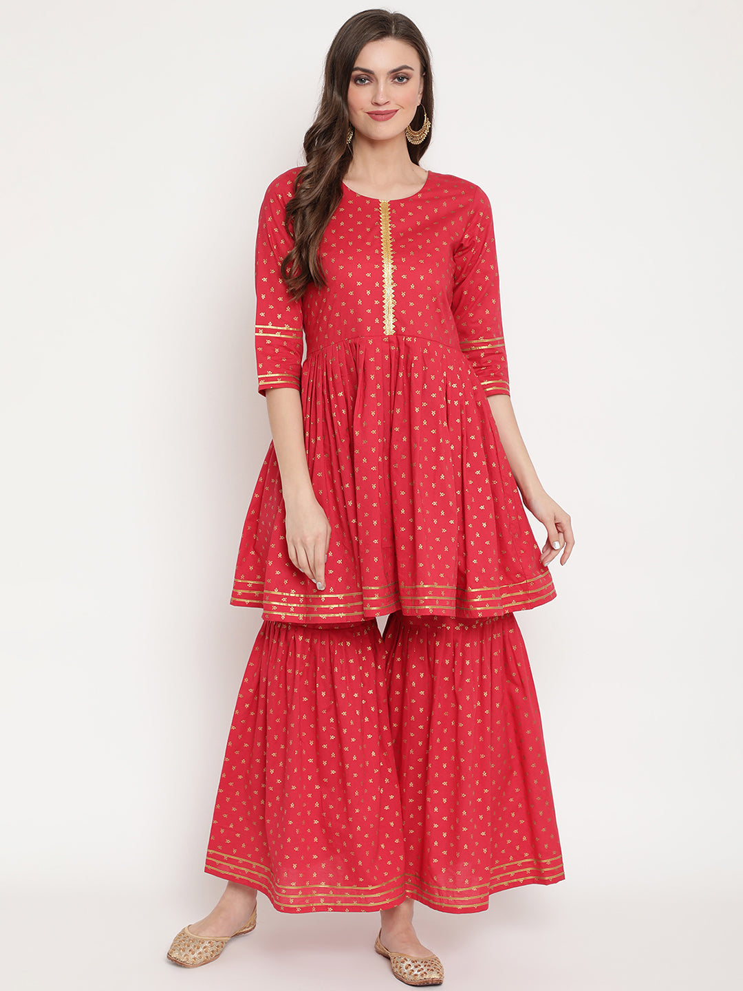 Women's Red Cotton Gold Print Kurta Sharara Se