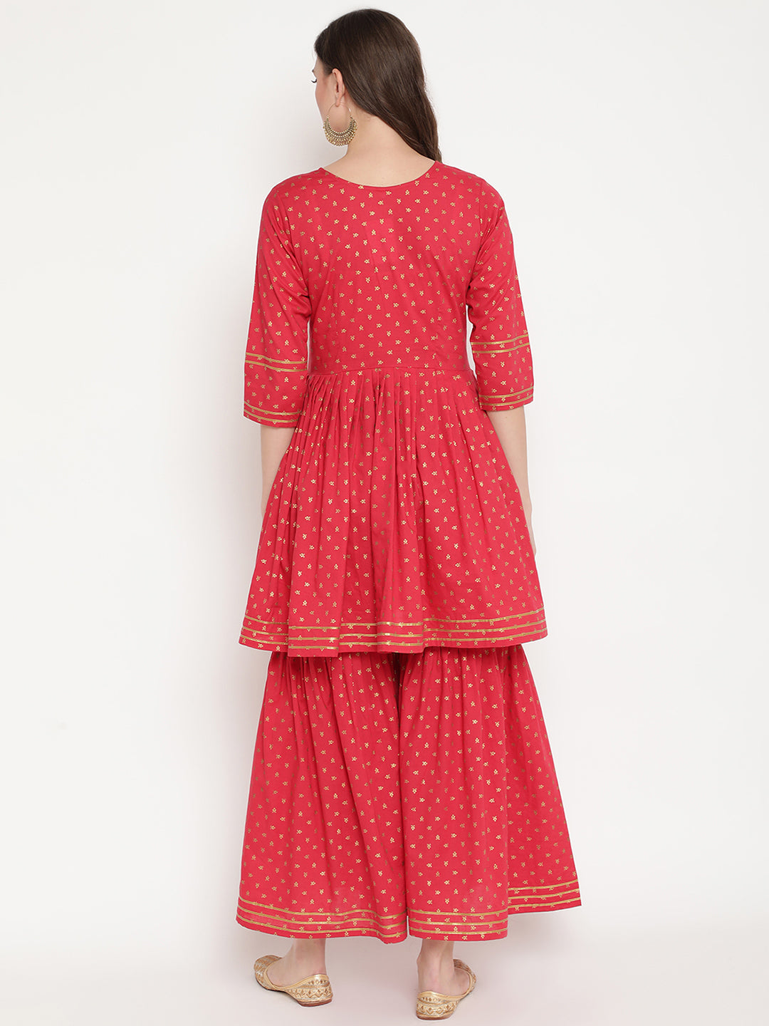 Women's Red Cotton Gold Print Kurta Sharara Se