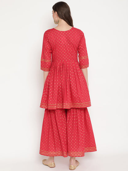Women's Red Cotton Gold Print Kurta Sharara Se