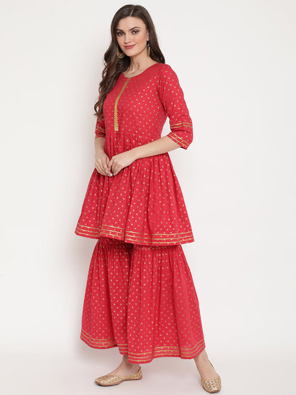 Women's Red Cotton Gold Print Kurta Sharara Se