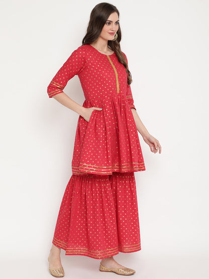 Women's Red Cotton Gold Print Kurta Sharara Se