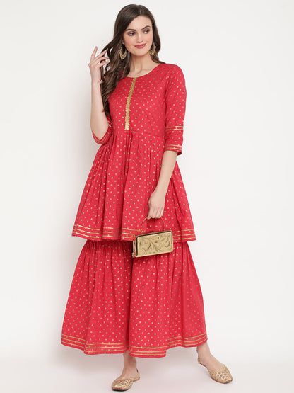 Women's Red Cotton Gold Print Kurta Sharara Se