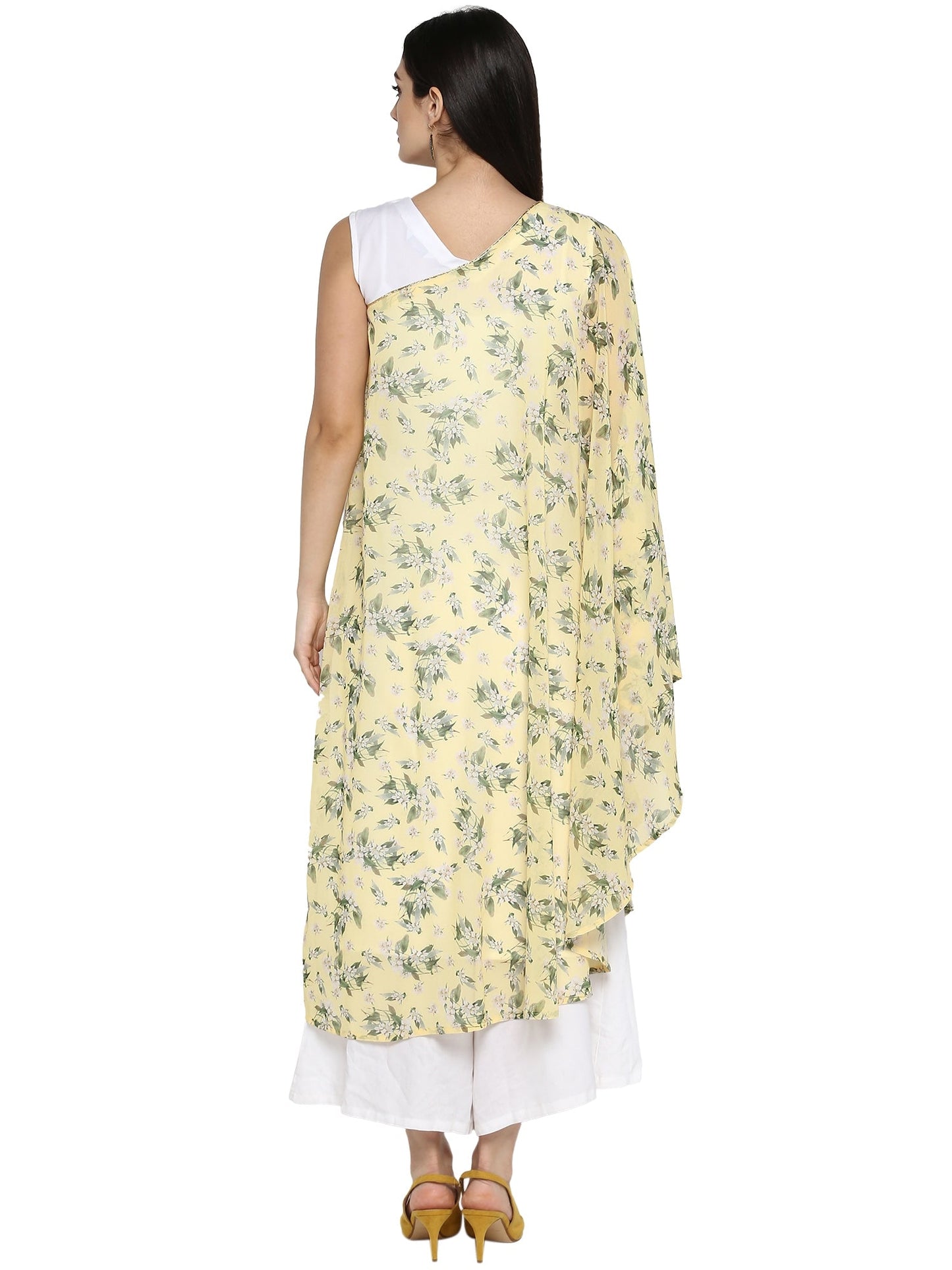 Women's Yellow & White Floral Georgette Only Kurta
