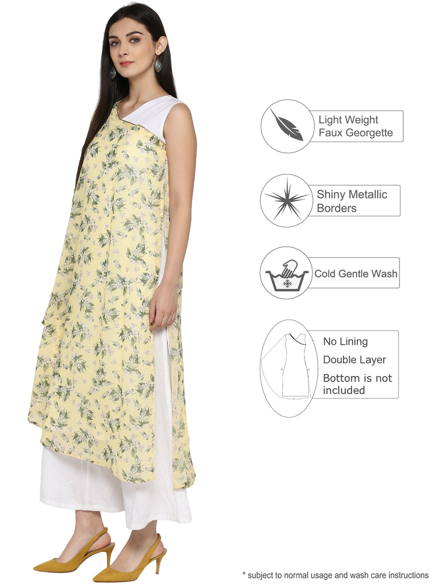 Women's Yellow & White Floral Georgette Only Kurta