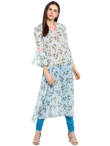 Women's Floral Flared Light Blue Transparent Kurta With Light Pink Highlights