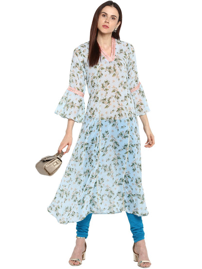 Women's Floral Flared Light Blue Transparent Kurta With Light Pink Highlights