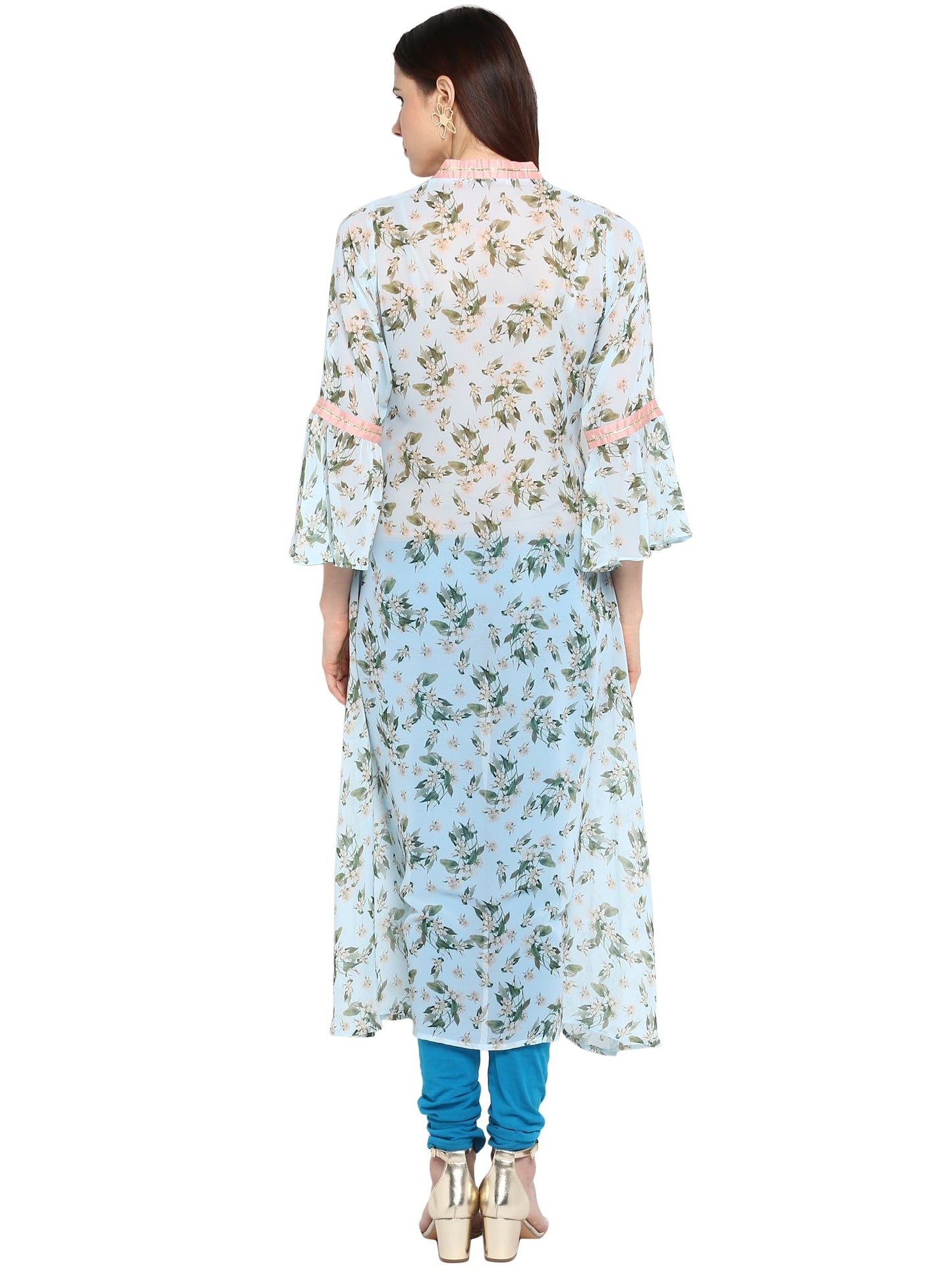 Women's Floral Flared Light Blue Transparent Kurta With Light Pink Highlights