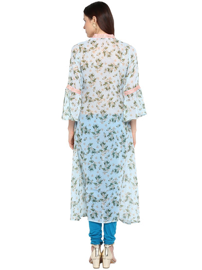 Women's Floral Flared Light Blue Transparent Kurta With Light Pink Highlights