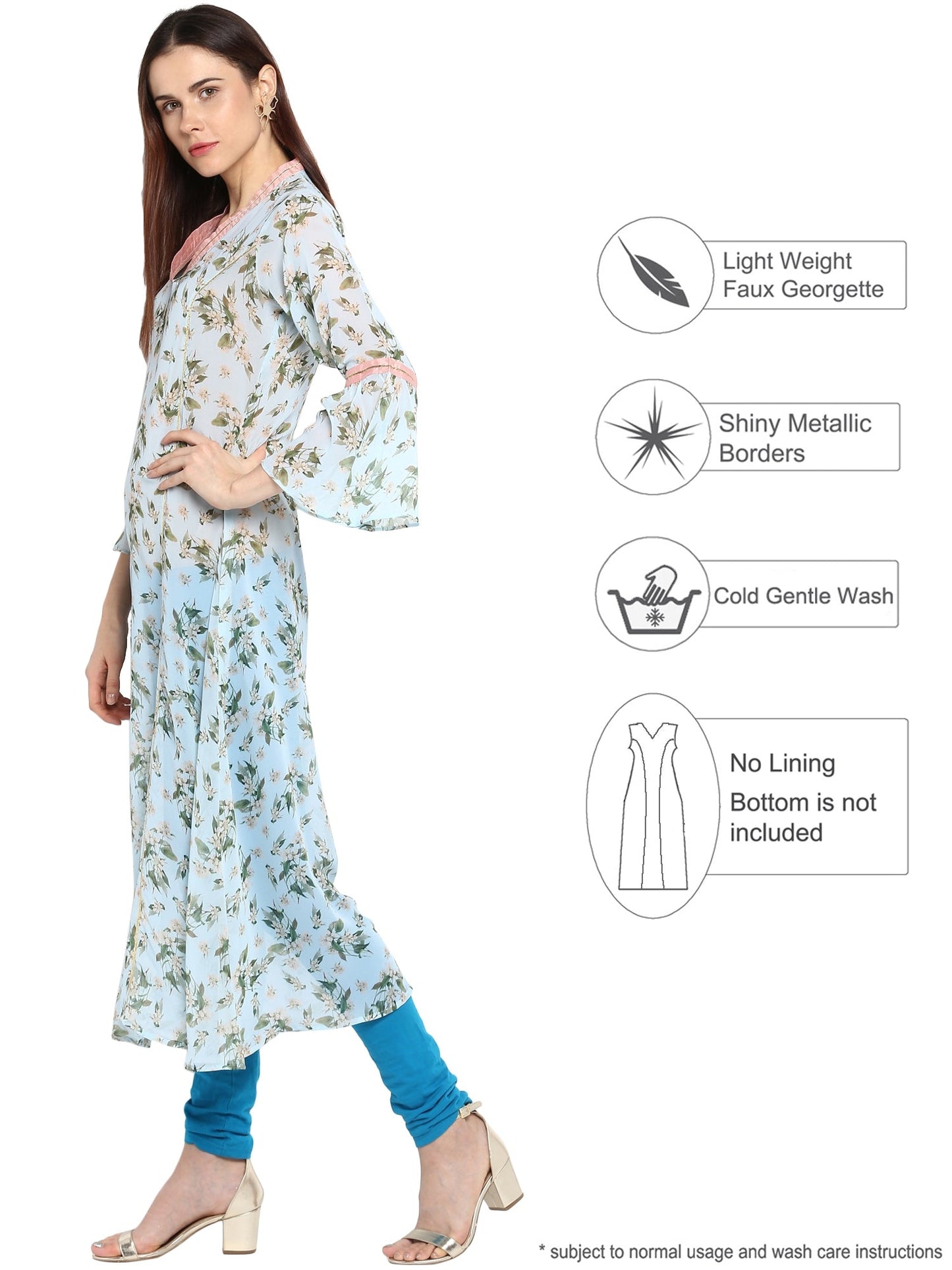 Women's Floral Flared Light Blue Transparent Kurta With Light Pink Highlights