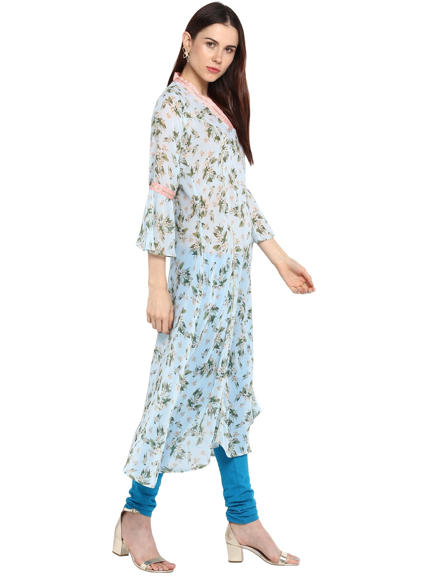 Women's Floral Flared Light Blue Transparent Kurta With Light Pink Highlights