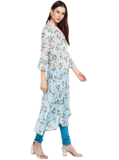 Women's Floral Flared Light Blue Transparent Kurta With Light Pink Highlights