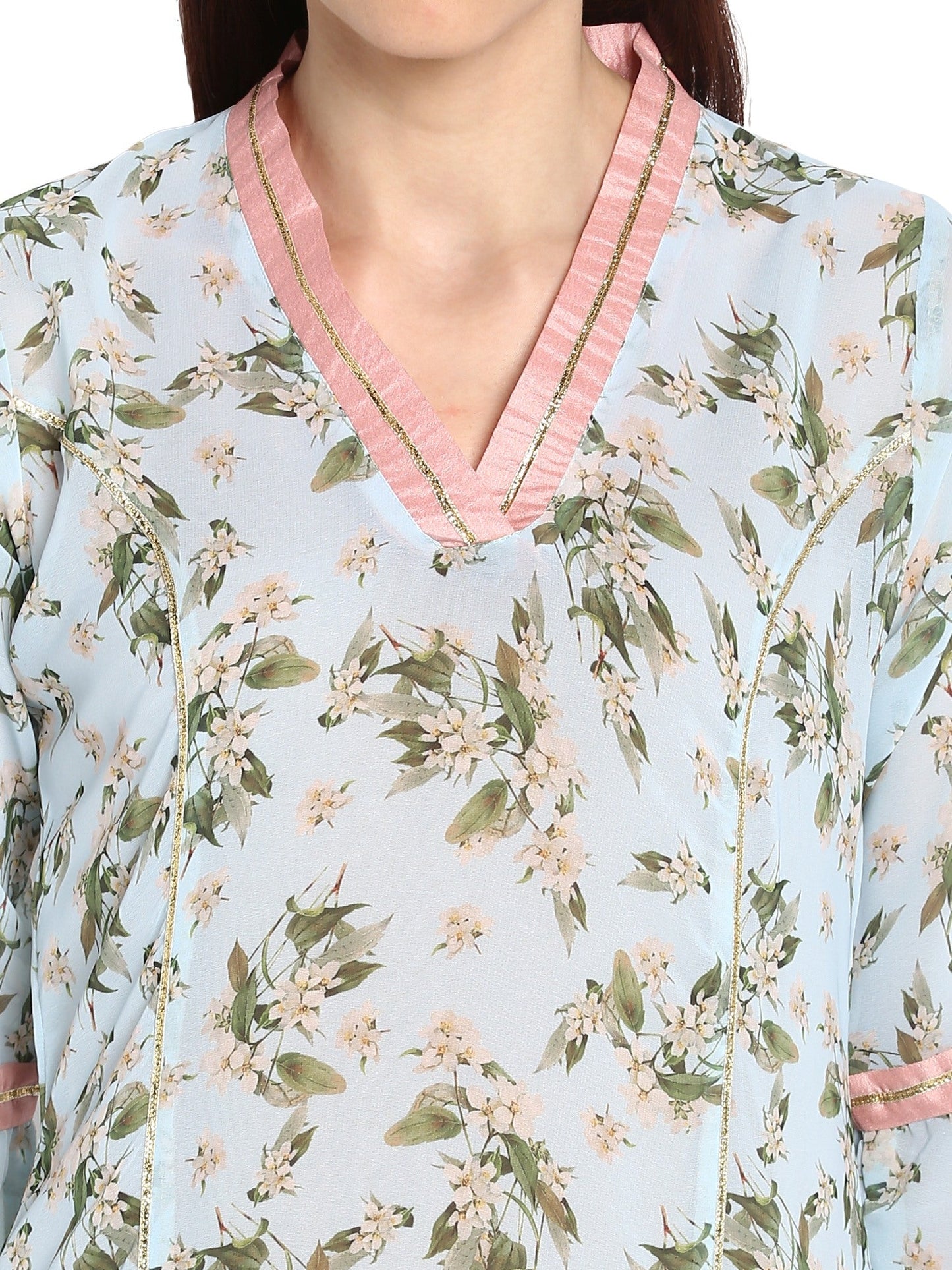 Women's Floral Flared Light Blue Transparent Kurta With Light Pink Highlights