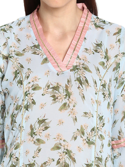 Women's Floral Flared Light Blue Transparent Kurta With Light Pink Highlights