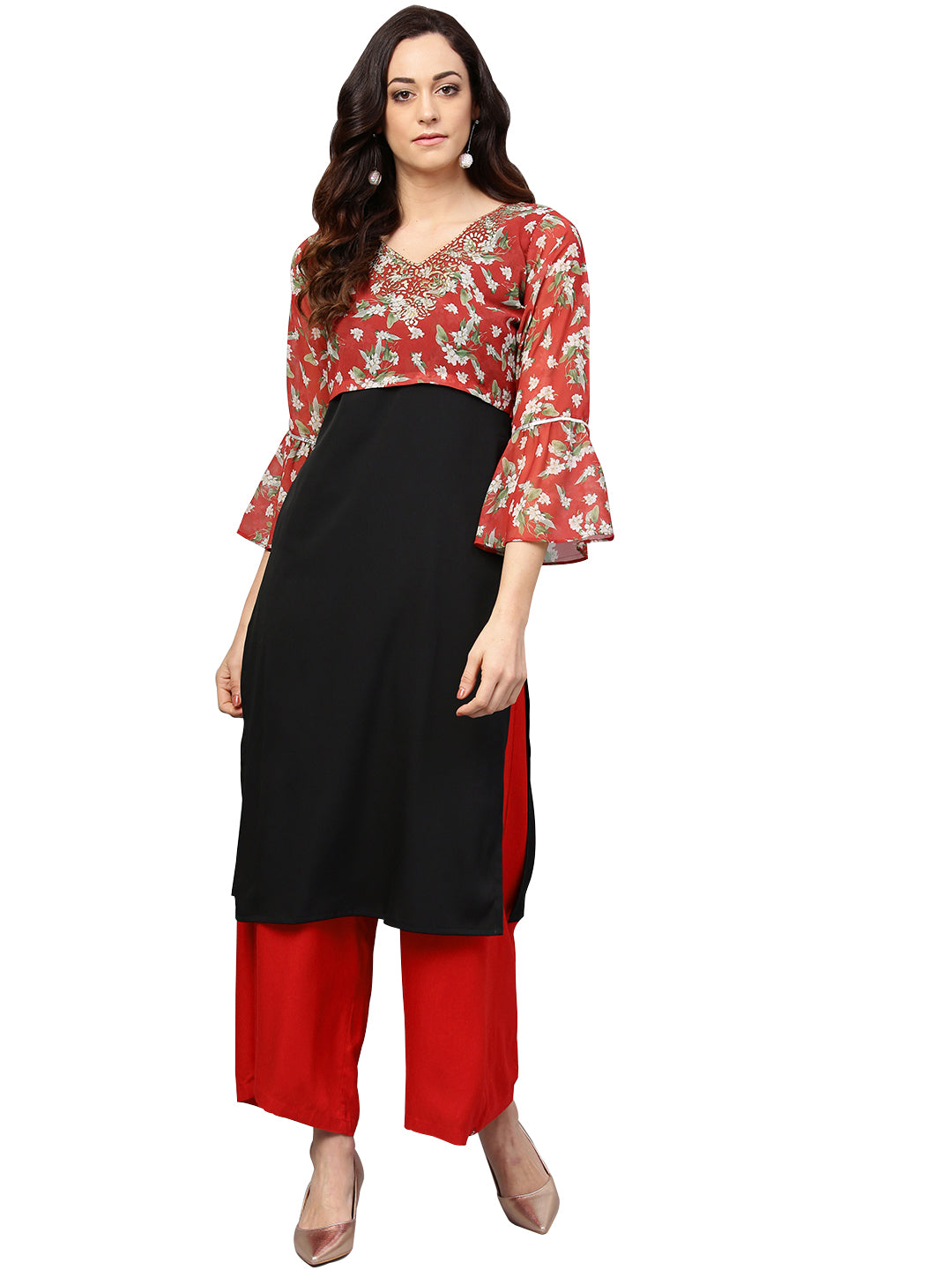 Women's Black & Red Printed Straight Only Kurta